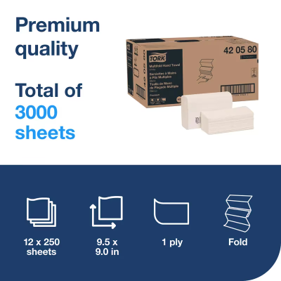 Tork Folded Paper Towel H2 9.5X9 IN 3.2X9 IN White Multifold Z Refill 250 Sheets/Pack 12 Packs/Case 3000 Sheets/Case