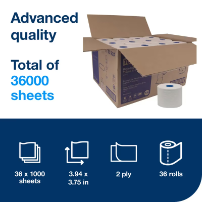 Tork Advance Toilet Paper & Tissue Roll T26 3.75X3.77 IN 312.5 FT 2PLY High Capacity 1000 Sheets/Roll 36 Rolls/Case