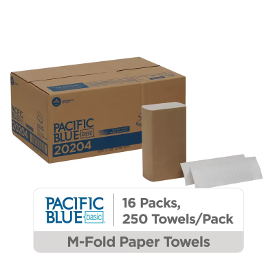 Pacific Blue Basic Folded Paper Towel 9.4X9.2 IN 1PLY White 1/2 Fold 250 Count/Pack 16 Packs/Case 4000 Count/Case