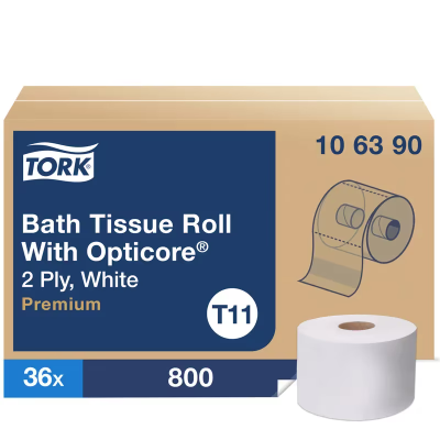 Tork OptiCore® Toilet Paper & Tissue Roll T11 4X3.75 IN 266.667 FT 2PLY White Premium Embossed 800 Sheets/Roll 36 Rolls/Case