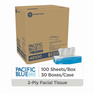 Pacific Blue Select Facial Tissue 8.4X7.5 IN 2PLY Tissue Paper White 1/2 Fold Flat Box 100 Sheets/Pack 30 Packs/Case