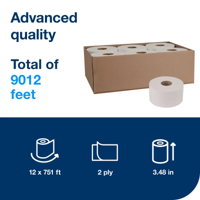 Tork Toilet Paper & Tissue Roll T2 8.38X3.48 IN 750.708 FT 2PLY Jumbo Jr (JRT) Mini Plus 1075 Sheets/Roll 12 Rolls/Case