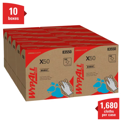 WypAll® X50 Cleaning Wipe 8.34X12.5 IN HydroKnit White Pop-Up Box 168 Sheets/Pack 10 Packs/Case 1680 Sheets/Case