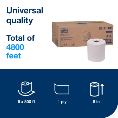 Tork Roll Paper Towel H80 8IN X800FT White Standard Roll Embossed Refill 7.8IN Roll 1.925IN Core Diameter 6 Rolls/Case
