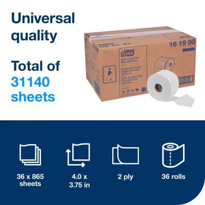 Tork OptiCore® Toilet Paper & Tissue Roll T11 4X3.75 IN 288.333 FT 2PLY Universal Embossed 865 Sheets/Roll 36 Rolls/Case