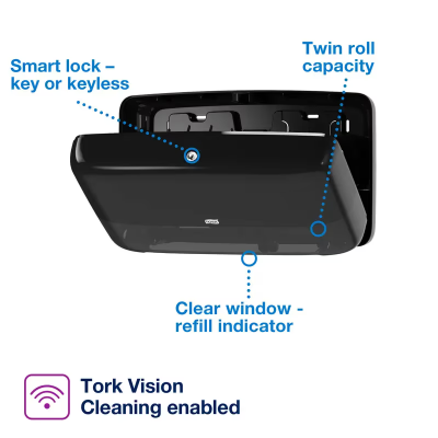 Tork T2 Toilet Paper Dispenser 5.688X17X10.125 IN Plastic Wall Mount Black 2-Roll Mini Jumbo Roll Tissue (JRT) 1/Case