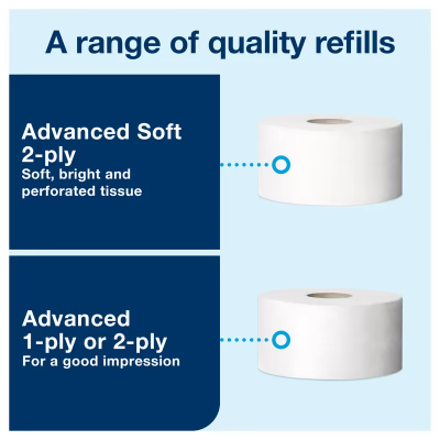 Tork T2 Toilet Paper Dispenser 5.688X17X10.125 IN Plastic Wall Mount Black 2-Roll Mini Jumbo Roll Tissue (JRT) 1/Case