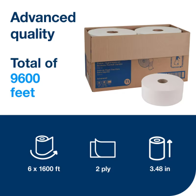 Tork Advance Toilet Paper & Tissue Roll T1 3.48IN X1600FT 2PLY White Jumbo (JRT) High Capacity Refill 6 Rolls/Case
