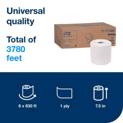 Tork Roll Paper Towel H71 7.5IN X630FT White Standard Roll Embossed Universal Refill 1.925IN Core Diameter 6 Rolls/Case