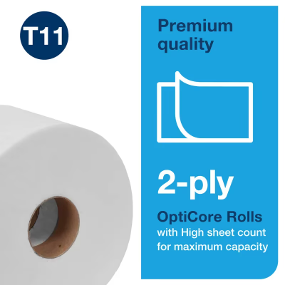 Tork OptiCore® Toilet Paper & Tissue Roll T11 4X3.75 IN 266.667 FT 2PLY White Premium Embossed 800 Sheets/Roll 36 Rolls/Case
