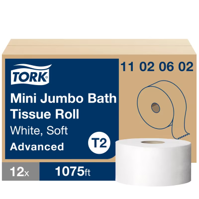 Tork Toilet Paper & Tissue Roll T2 8.38X3.48 IN 750.708 FT 2PLY Jumbo Jr (JRT) Mini Plus 1075 Sheets/Roll 12 Rolls/Case