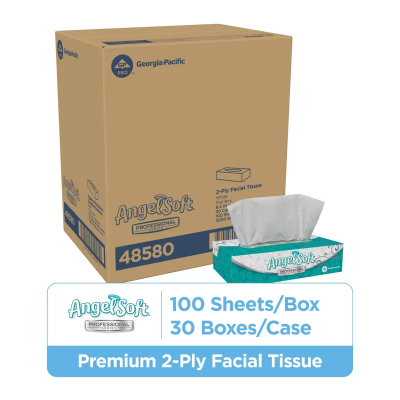 Angel Soft Professional® Facial Tissue 8.4X7.54 IN 2PLY White 1/2 Fold Flat Box Premium 100 Sheets/Pack 30 Packs/Case