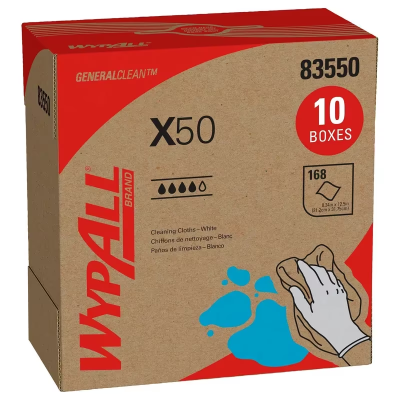 WypAll® X50 Cleaning Wipe 8.34X12.5 IN HydroKnit White Pop-Up Box 168 Sheets/Pack 10 Packs/Case 1680 Sheets/Case