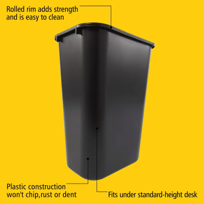 1-Stream Trash Can 15.25X11X19.88 IN 10.25 GAL 41 QT Black Rectangle Resin Deskside 1/Each