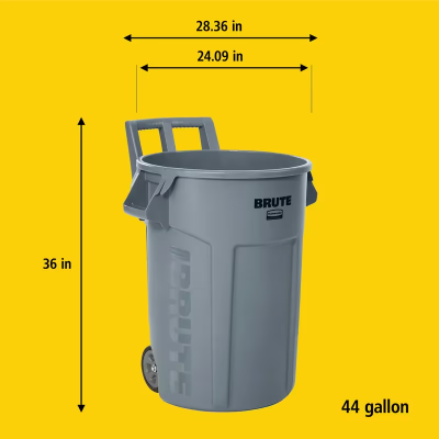 Brute® Trash 1-Stream Curbside Trash 28.36X27.57X35.75 IN 44 GAL 176 QT Gray Resin Venting Channels Food Safe Wheels 1/Each