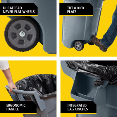 Brute® Trash 1-Stream Curbside Trash 28.36X27.57X35.75 IN 44 GAL 176 QT Gray Resin Venting Channels Food Safe Wheels 1/Each