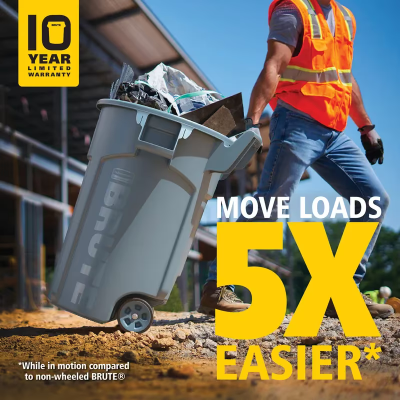 Brute® Trash 1-Stream Curbside Trash 28.36X27.57X35.75 IN 44 GAL 176 QT Gray Resin Venting Channels Food Safe Wheels 1/Each